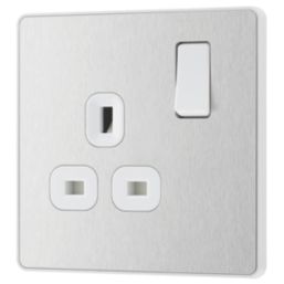 British General Evolve 13A 1-Gang SP Switched Socket Brushed Steel  with White Inserts
