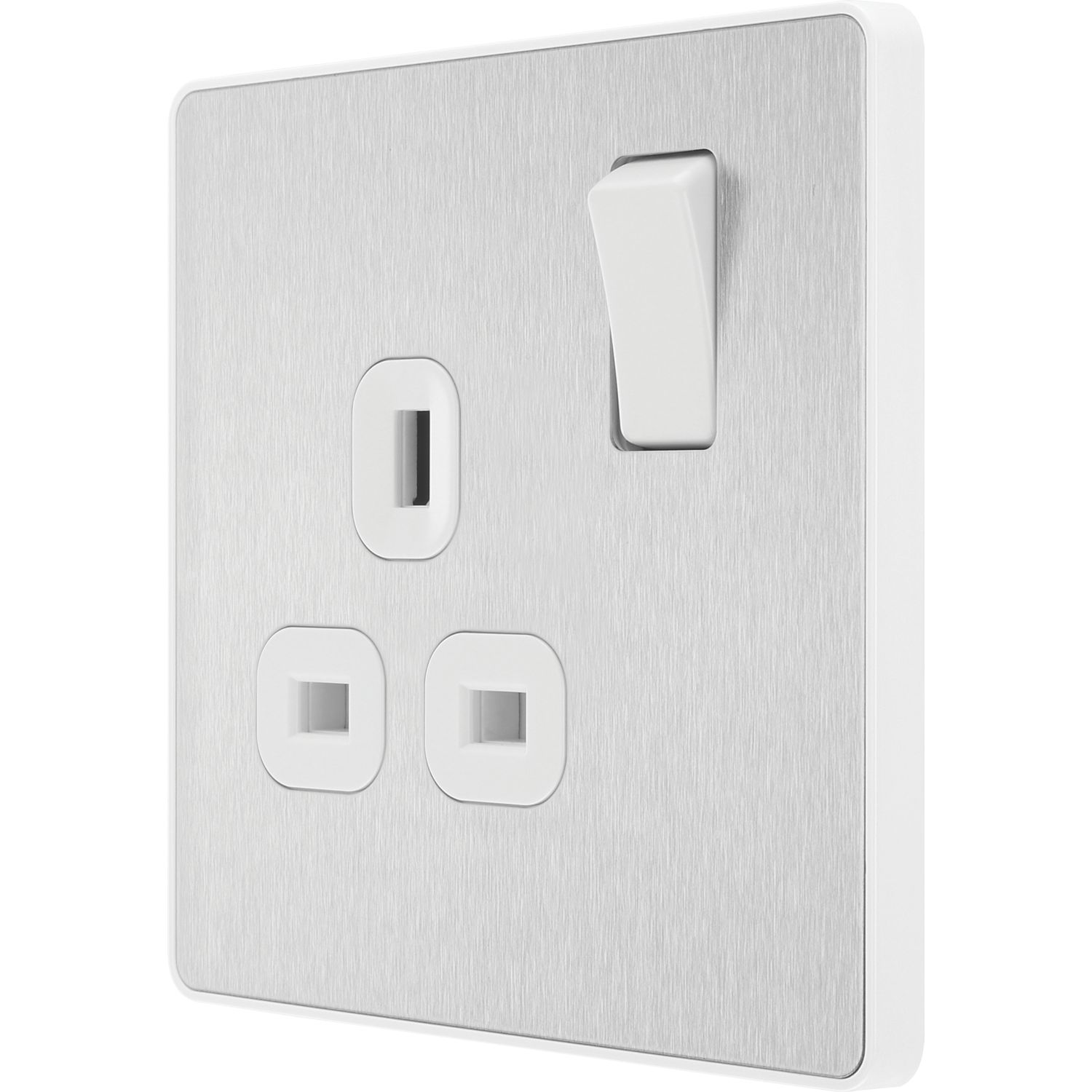 British General Evolve 13A 1-Gang SP Switched Socket Brushed Steel with White Inserts (126RF)