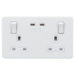 Knightsbridge  13A 2-Gang DP Switched Socket + 3.25A 65W 2-Outlet Type C USB Charger Matt White with White Inserts