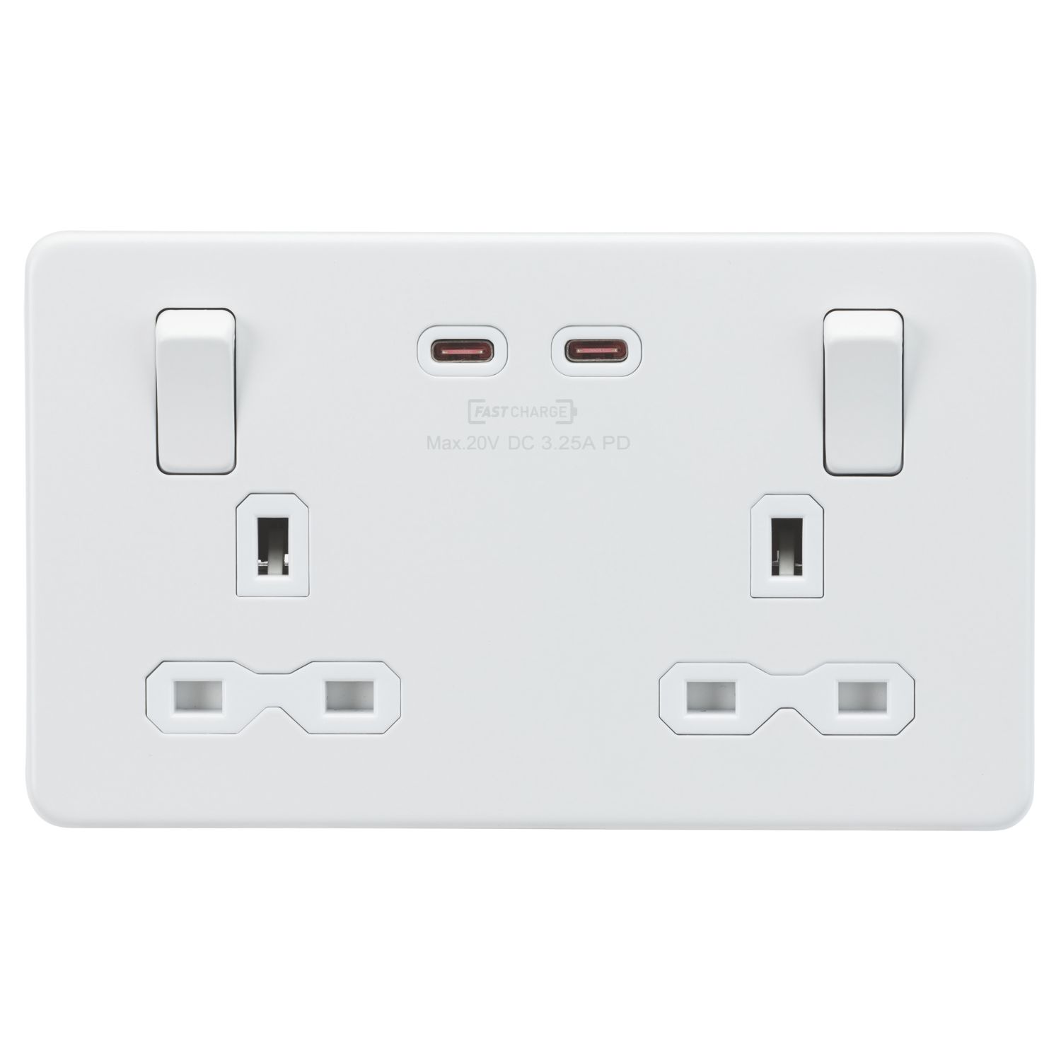 Knightsbridge 13A 2-Gang DP Switched Socket + 3.25A 65W 2-Outlet Type C USB Charger Matt White with White Inserts (127CR)