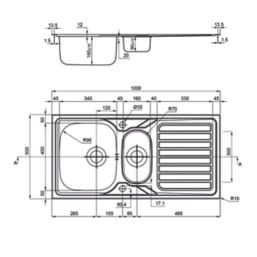 Clearwater Okio 1.5 Bowl Stainless Steel Kitchen Sink  1000mm x 500mm
