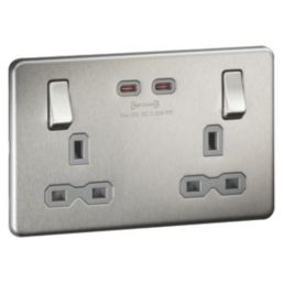 Knightsbridge  13A 2-Gang DP Switched Socket + 3.25A 65W 2-Outlet Type C USB Charger Brushed Chrome with Grey Inserts