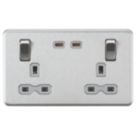 Knightsbridge  13A 2-Gang DP Switched Socket + 3.25A 65W 2-Outlet Type C USB Charger Brushed Chrome with Grey Inserts