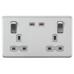 Knightsbridge  13A 2-Gang DP Switched Socket + 3.25A 65W 2-Outlet Type C USB Charger Brushed Chrome with Grey Inserts