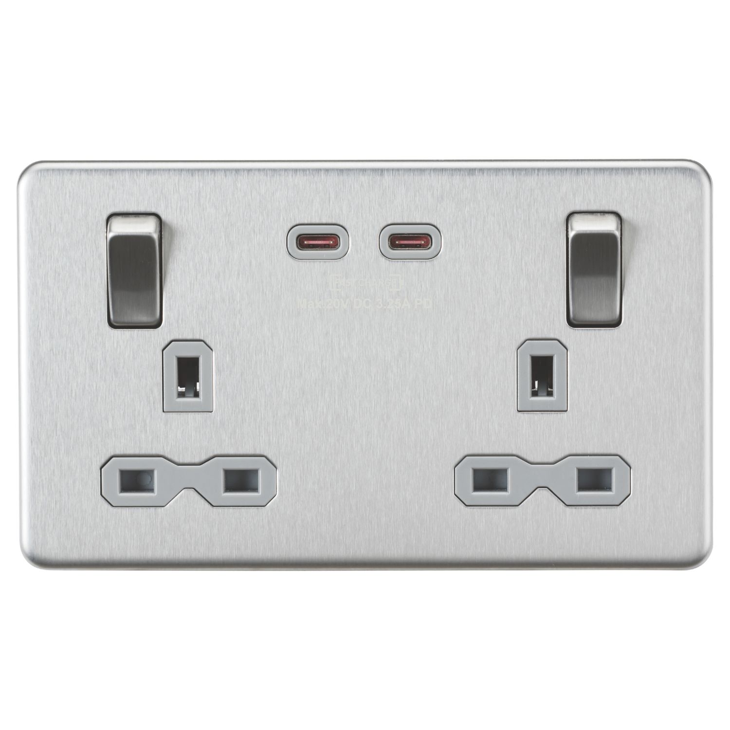 Knightsbridge 13A 2-Gang DP Switched Socket + 3.25A 65W 2-Outlet Type C USB Charger Brushed Chrome with Grey Inserts (129CR)
