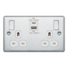 Refurb LAP  13A 2-Gang SP Switched Socket + 3A 45W 2-Outlet Type A & C USB Charger Polished Chrome with White Inserts