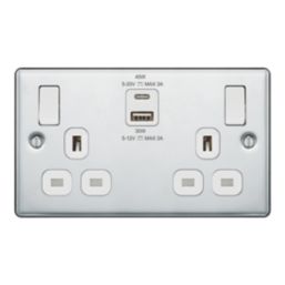 Refurb LAP  13A 2-Gang SP Switched Socket + 3A 45W 2-Outlet Type A & C USB Charger Polished Chrome with White Inserts