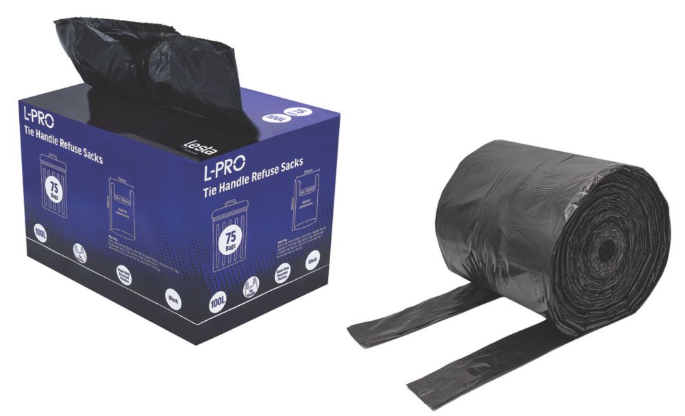 L-PRO Black Tie Handle Refuse Sacks/Bin Liners in Dispenser Box