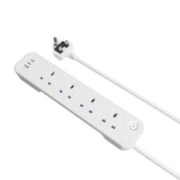 Masterplug 13A 4-Gang Switched Surge-Protected Extension Lead + 3.25A 3-Outlet Type A & C USB Charger Matt White 2m