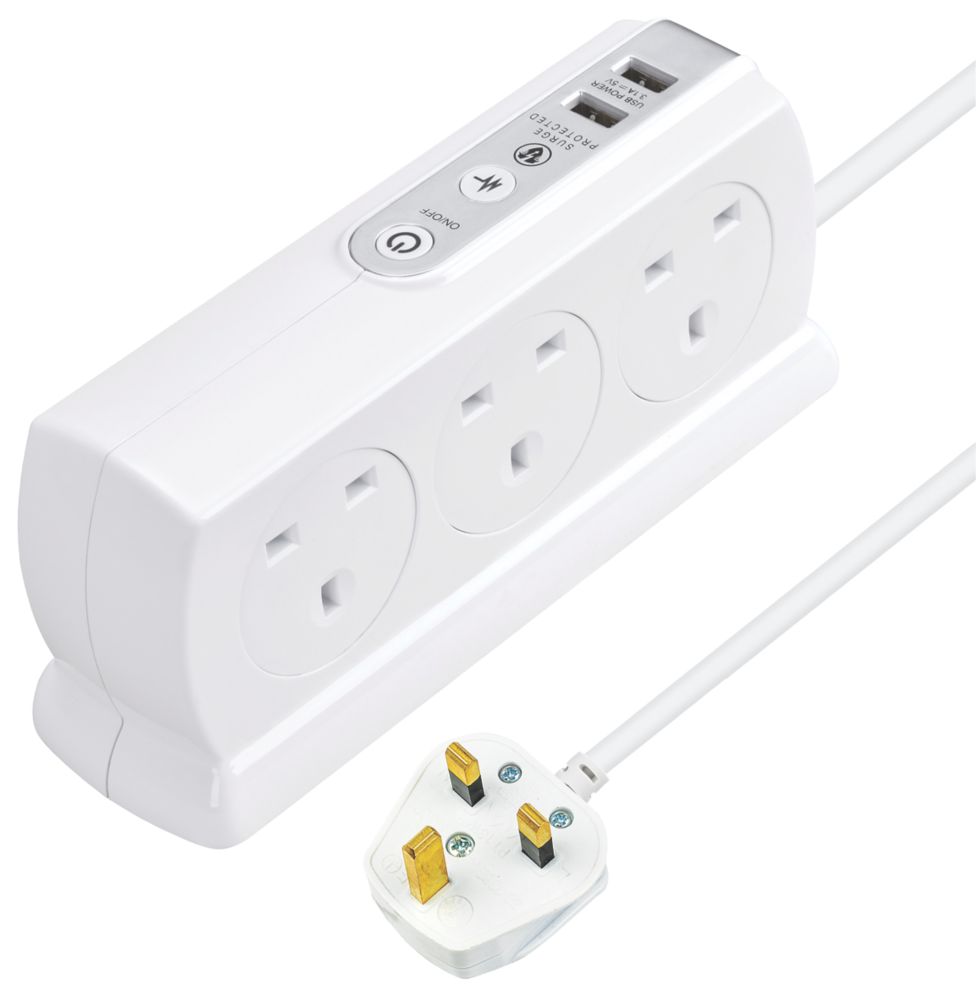 Masterplug 13A 6-Gang Switched Surge-Protected Extension Lead + 3.1A 2-Outlet Type A USB Charger Gloss White 2m