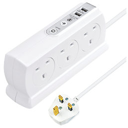 Masterplug 13A 6-Gang Switched Surge-Protected Extension Lead + 3.1A 2-Outlet Type A USB Charger Gloss White 2m