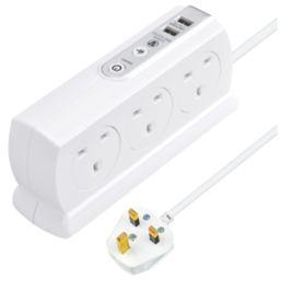 Masterplug 13A 6-Gang Switched Surge-Protected Extension Lead + 3.1A 2-Outlet Type A USB Charger Gloss White 2m