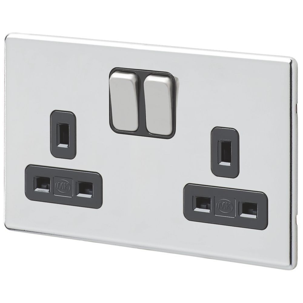 MK Aspect 13A 2Gang DP Switched Plug Socket Polished Chrome with Black