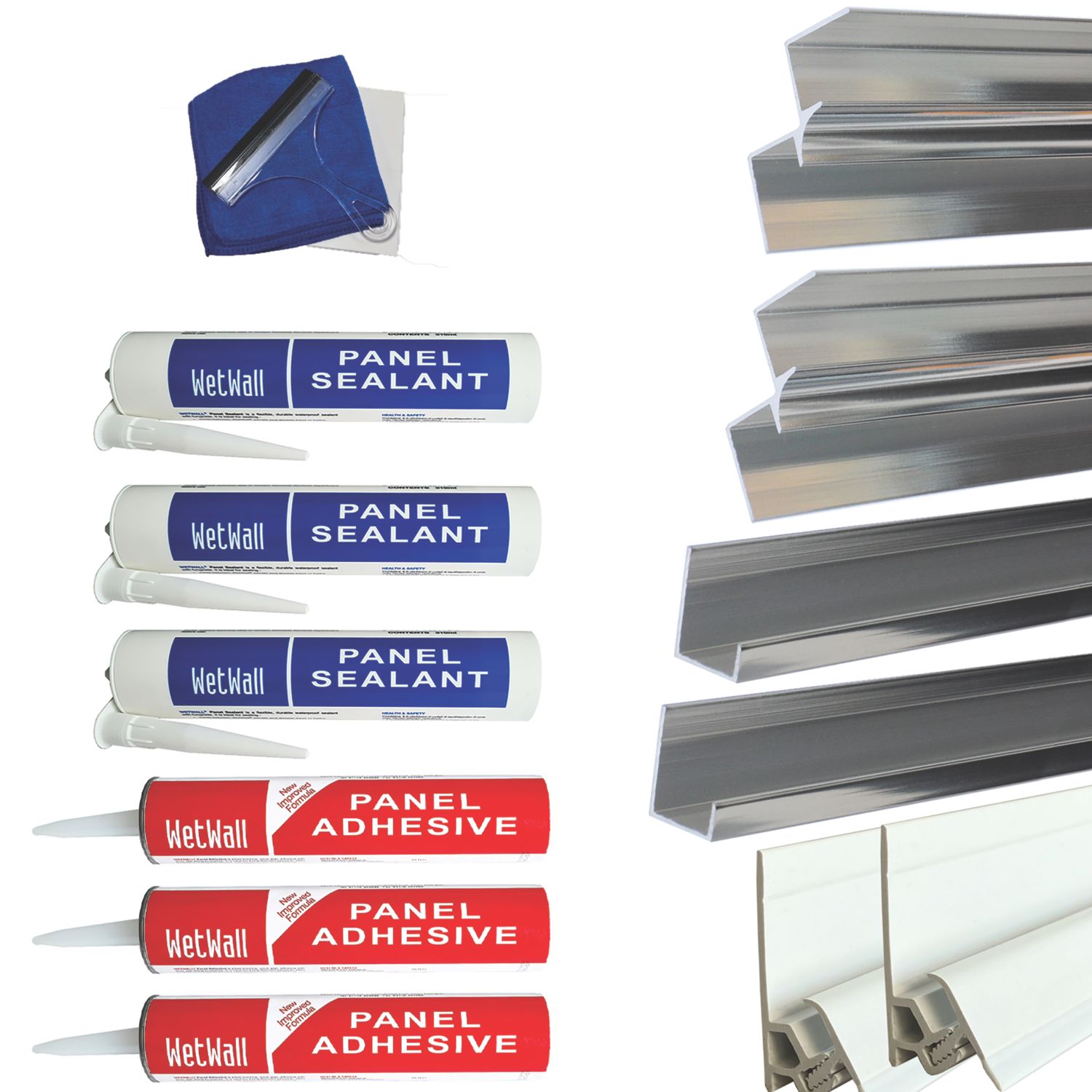 Splashwall Panel Installation & Care Kit Polished Silver 13 Piece Set (130KU)