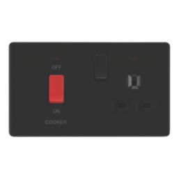 LAP  45A 2-Gang 2-Pole Cooker Switch & 13A DP Switched Socket Matt Black with LED with Black Inserts