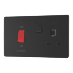 LAP  45A 2-Gang 2-Pole Cooker Switch & 13A DP Switched Socket Matt Black with LED with Black Inserts
