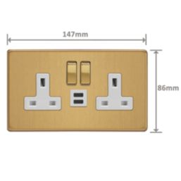 Varilight  13A 2-Gang SP Switched Socket + 3A 45W 2-Outlet Type C USB Charger Brushed Brass with White Inserts