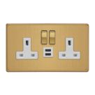 Varilight  13A 2-Gang SP Switched Socket + 3A 45W 2-Outlet Type C USB Charger Brushed Brass with White Inserts