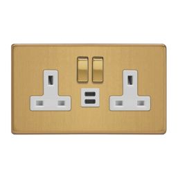 Varilight  13A 2-Gang SP Switched Socket + 3A 45W 2-Outlet Type C USB Charger Brushed Brass with White Inserts