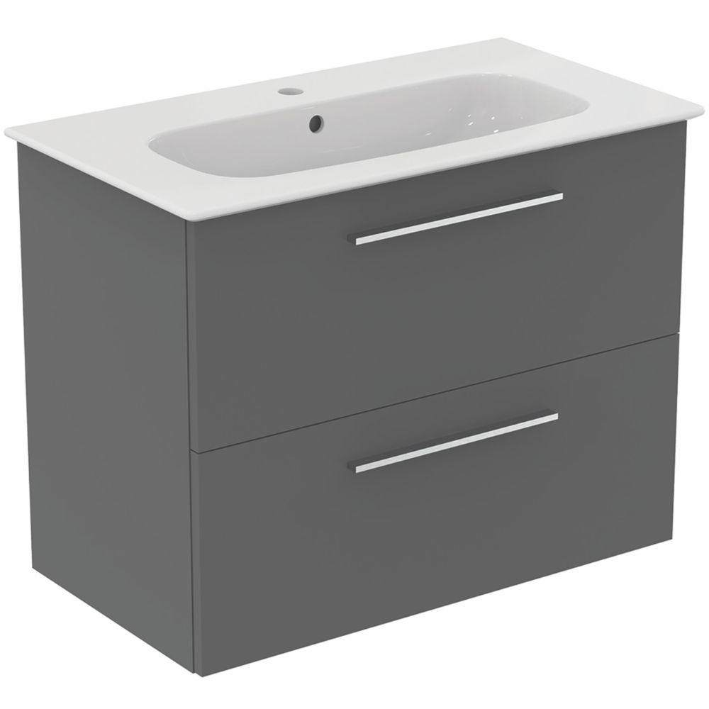 Ideal Standard i.life A Wall-Hung Vanity Unit with Chrome Handles & Basin Matt Grey 800mm x 440mm x 630mm