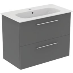 Ideal Standard i.life A Wall-Hung Vanity Unit with Chrome Handles & Basin Matt Quartz Grey 800mm x 440mm x 630mm