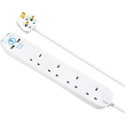 Masterplug 13A 4-Gang Unswitched Surge-Protected Extension Lead + 2.1A 2-Outlet Type A USB Charger White 4m