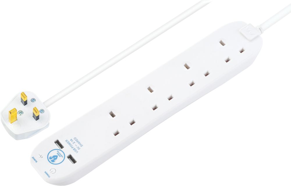Masterplug 13A 4-Gang Unswitched Surge-Protected Extension Lead + 2.1A 2-Outlet Type A USB Charger White 4m