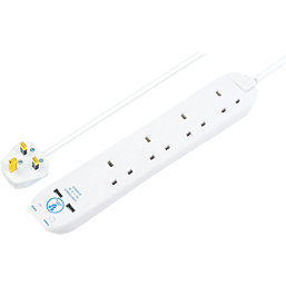 Masterplug 13A 4-Gang Unswitched Surge-Protected Extension Lead + 2.1A 2-Outlet Type A USB Charger White 4m