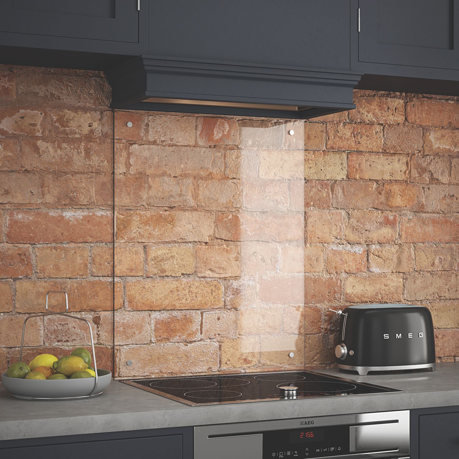Splashback Clear with Satin Chrome Caps Kitchen Splashback 600mm x 700mm x 6mm (132YR)