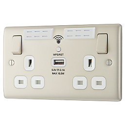 British General Nexus Metal 13A 2-Gang SP Switched Double Socket With WiFi Extender + 2.1A 1-Outlet Type A USB Charger Pearl Nickel with White Inserts