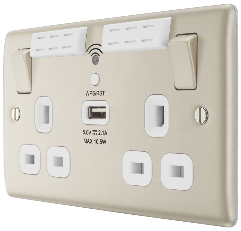 British General Nexus Metal 13A 2-Gang SP Switched Socket & WiFi Extender + 2.1A 10.5W 1-Outlet Type A USB Charger Pearl Nickel with White Inserts