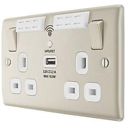 British General Nexus Metal 13A 2-Gang SP Switched Double Socket With WiFi Extender + 2.1A 1-Outlet Type A USB Charger Pearl Nickel with White Inserts