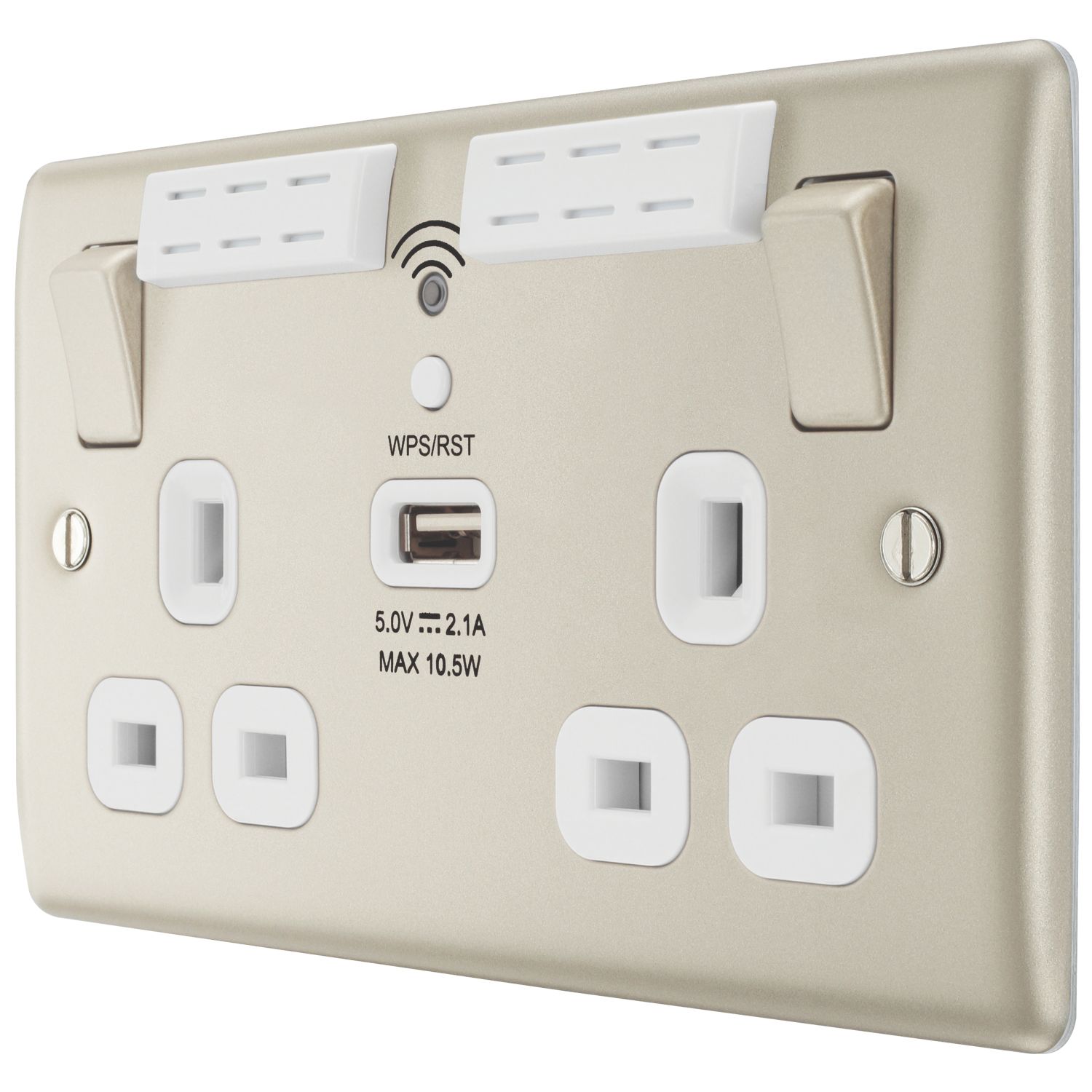 British General Nexus Metal 13A 2-Gang SP Switched Socket & WiFi Extender + 2.1A 10.5W 1-Outlet Type A USB Charger Pearl Nickel with White Inserts...