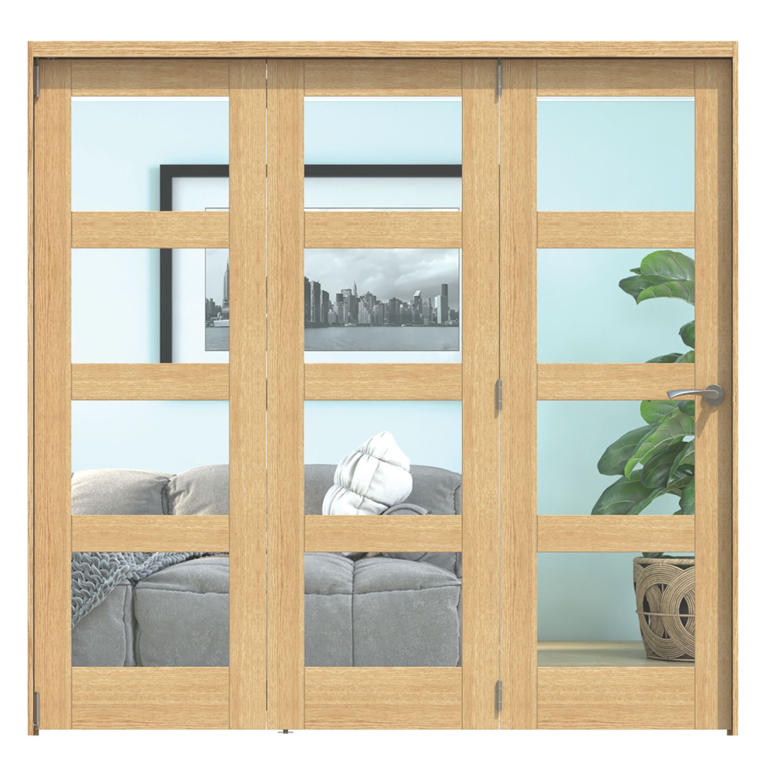 Green & Taylor 3-Door 4-Clear Light Satin Lacquered Oak Wooden Shaker Internal Bi-Fold Fully Finished Door 2060mm x 2133mm (135CT)