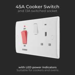 British General 800 Series 45A 2-Gang DP Cooker Switch & 13A DP Switched Socket White with LED
