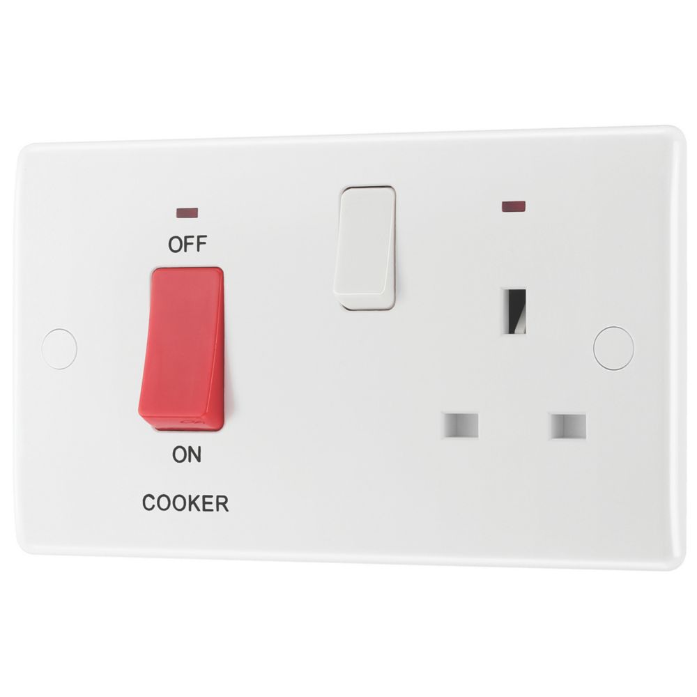 British General 800 Series 45A 2-Gang DP Cooker Switch & 13A DP Switched Socket White with LED
