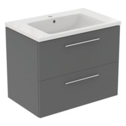 Ideal Standard i.life B Wall Hung Vanity Unit with Chrome Handles & Basin Matt Quartz Grey 800mm x 505mm x 630mm