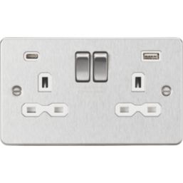 Knightsbridge  13A 2-Gang SP Switched Socket + 4.0A 20W 2-Outlet Type A & C USB Charger Brushed Chrome with White Inserts