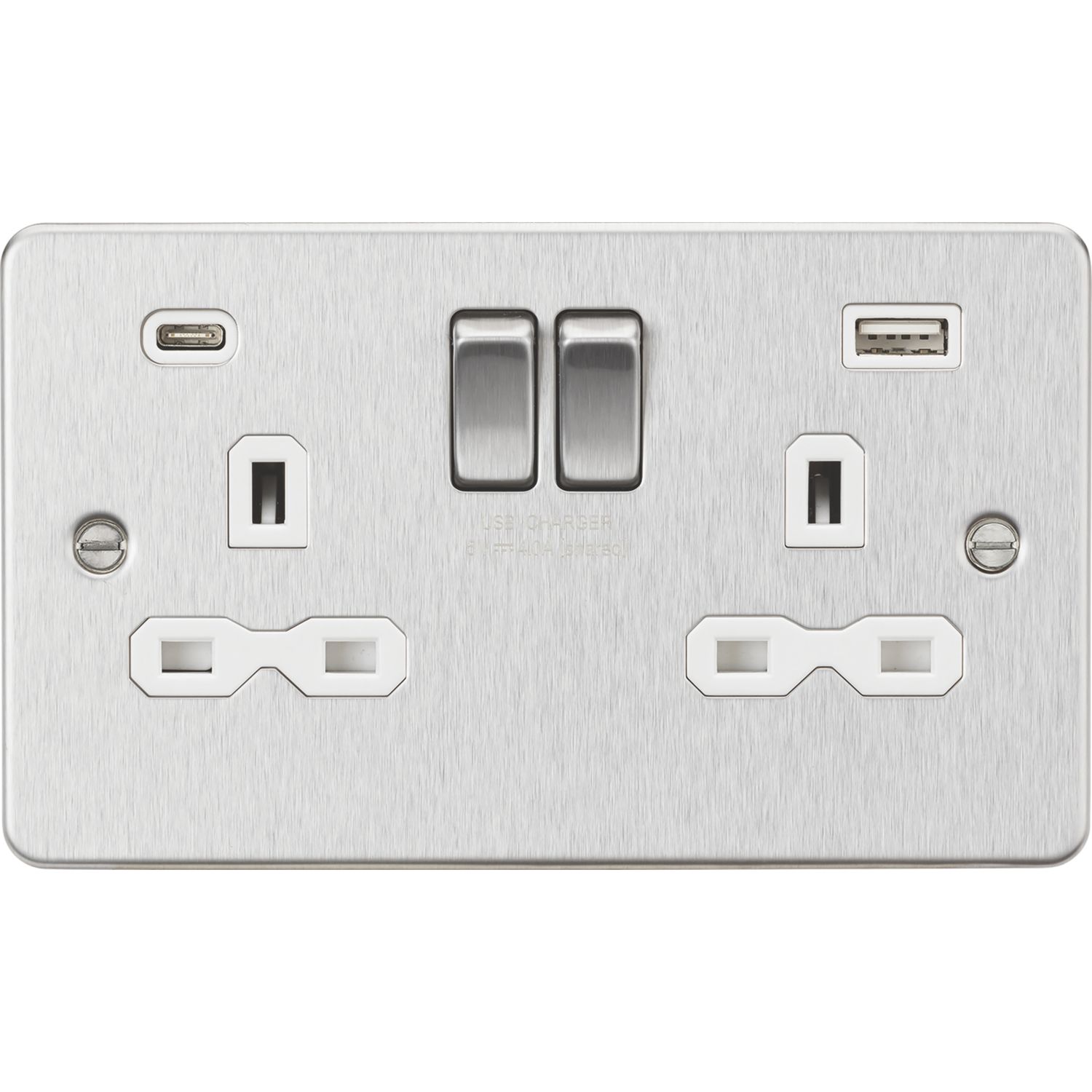 Knightsbridge 13A 2-Gang SP Switched Socket + 4.0A 20W 2-Outlet Type A & C USB Charger Brushed Chrome with White Inserts (138PY)