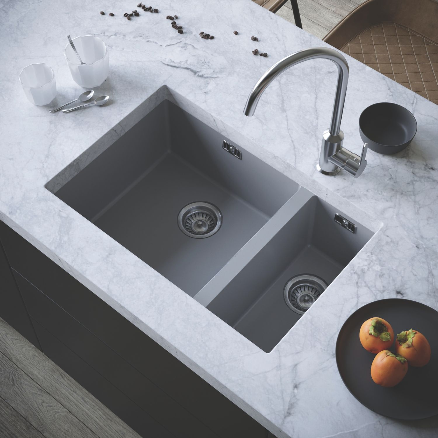 ETAL Comite 1.5 Bowl Composite Kitchen Sink Matt Grey Left-Handed 670mm x 440mm (138RG)