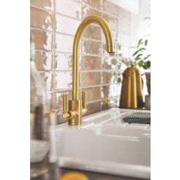Streame by Abode Brolle Swan Dual-Lever Mono Mixer Kitchen Tap Brushed Brass