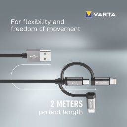 Varta USB-A to Micro USB-B / Lightning / USB-C 3-in-1 Sync & Charge Cable 2m