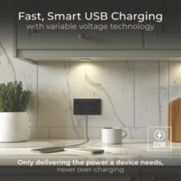 British General Evolve 13A 2-Gang SP Switched Socket + 3A 22W 2-Outlet Type A & C USB Charger Matt Black with Black Inserts