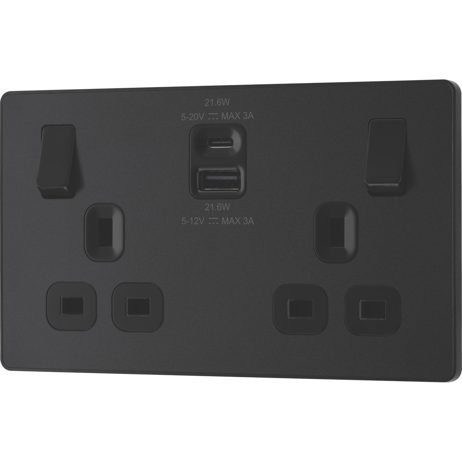 British General Evolve 13A 2-Gang SP Switched Socket + 3A 22W 2-Outlet Type A & C USB Charger Matt Black with Black Inserts (140YV)