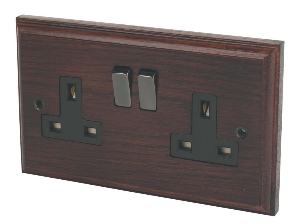 Varilight  13AX 2-Gang DP Switched Plug Socket Dark Oak  with Black Inserts