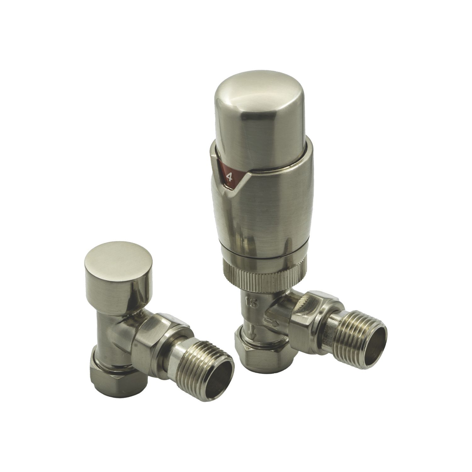 Reina Modal TRV 15mm x 15mm Brushed Angled & L/S Designer Thermostatic Radiator Valve & Lockshield (142EE)