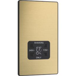 British General Evolve 2-Gang Dual Voltage Shaver Socket 115/240V Satin Brass with Black Inserts