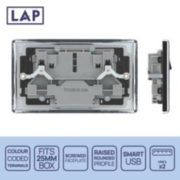 LAP  13A 2-Gang SP Switched Socket + 2.4A 12W 2-Outlet Type A USB Charger Polished Chrome with Black Inserts