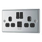 LAP  13A 2-Gang SP Switched Socket + 2.4A 12W 2-Outlet Type A USB Charger Polished Chrome with Black Inserts