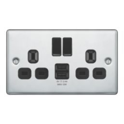 LAP  13A 2-Gang SP Switched Socket + 2.4A 12W 2-Outlet Type A USB Charger Polished Chrome with Black Inserts